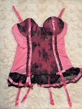 Y2K Victoria's Secret Pink and Black Lace Bustier Chemise with Garter Straps